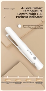Detail of white wireless hair straightener showing 4-level LED temperature settings