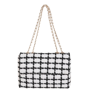 Sac bandoulière classique en tweed à carreaux noir et blanc avec bandoulière chaîne dorée