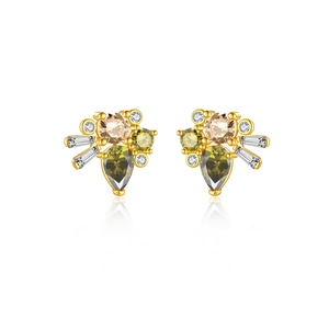 Luxurious S925 silver stud earrings with olive green pear-shaped gems and gold finish