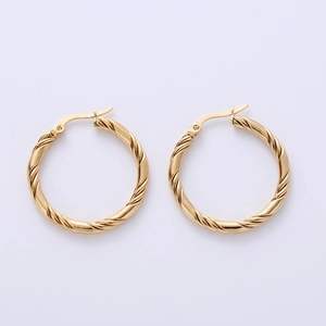 Polished 18K gold plated 30mm twisted hoop earrings with a metallic spiral design