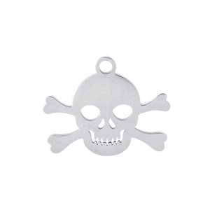 Detailed view of silver skull and crossbones metal pendant with a polished finish