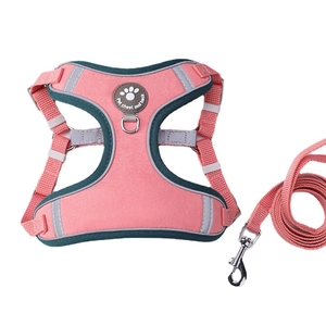 Pink and green reflective dog harness with leash set for large pets on white background