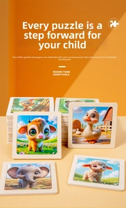 Close-up of wooden animal jigsaw puzzles for toddlers featuring cartoon cow and elephant