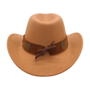 Detail of tan felt cowboy hat featuring brown decorative band with turquoise embroidery