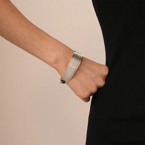 Polished silver wide multi-layer wire cuff bracelet for women with minimalist style