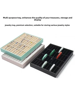Detail of 40-slot jewelry tray in mint green, white, and black velvet for bracelet storage