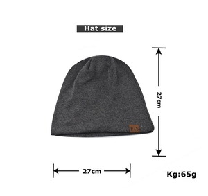 Flat lay of dark gray knit beanie showing 27x27cm dimensions and F&S leather patch