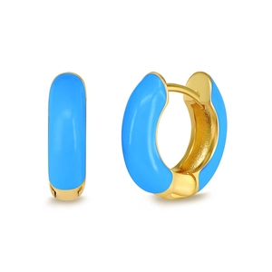 Detailed view of sky blue enamel hoop earrings with polished gold-toned metal finish