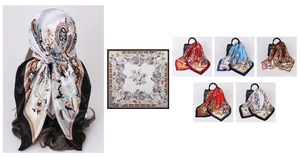 Detailed views of 90cm large leaf print satin scarf showing various colors and draping