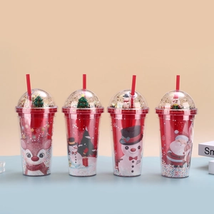 Christmas double-layer plastic straw cups with reindeer snowman and Santa patterns
