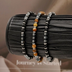 Bracelet Perles Homme Pierre Naturelle Jaspe Lave Agate Hématite Acier Inoxydable Ajustable Minimaliste Rétro Bijou