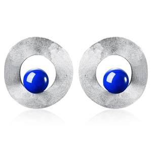 Minimalist S925 silver round geometric earrings with blue lapis lazuli stone beads