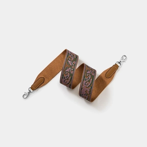 Wide paisley embroidered shoulder strap with brown leather and silver metal clasps