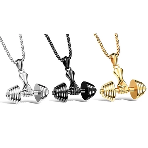 Detailed comparison of fitness dumbbell pendants in silver, black, and gold titanium steel