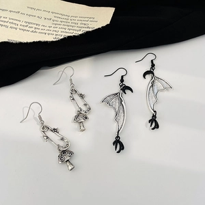 Gothic silver safety pin mushroom earrings and black bat wing crescent jewelry set