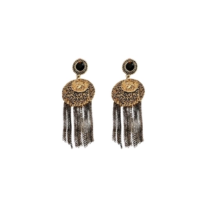 Vintage portrait round earrings with black gemstone and delicate metal tassels