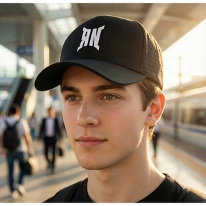 Detail of black baseball cap with white AN logo and breathable side laser-cut holes