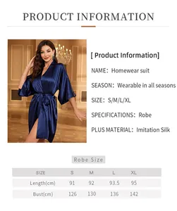 Detailed size chart for navy blue imitation silk robe showing S to XL measurements