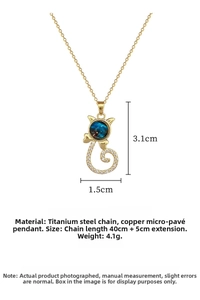 Detailed size view of cat pendant with blue starry stone and 40cm titanium steel chain