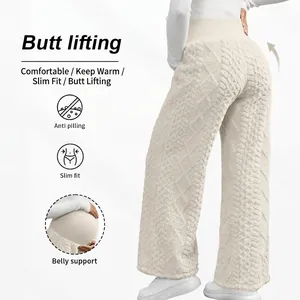 Thick winter maternity pants in off-white coral fleece with diamond knit belly support