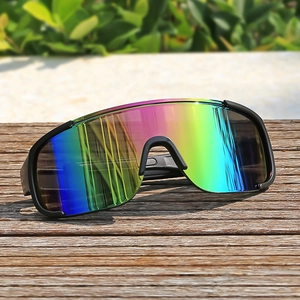 Oversized cycling sunglasses with black frame and colorful iridescent mirrored lenses
