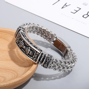 Men's vintage titanium steel bracelet with engraved totem patterns and plug clasp
