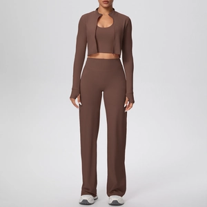 Détails de l'ensemble de yoga 3 pièces marron foncé avec veste et pantalon large