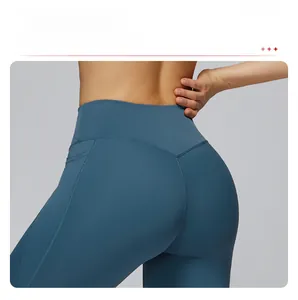 Close-up of high-waisted yoga leggings with V-shaped back seam and booty lifting contour