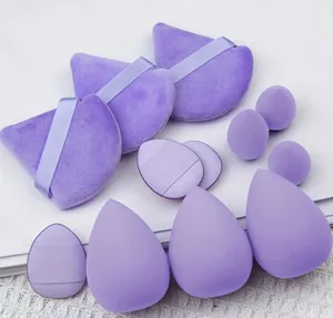 Detail view of the 12-piece purple makeup sponge set with various shapes and soft puff sizes