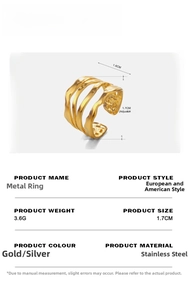 Détails de la texture ondulée dorée et dimensions de la bague ajustable en acier inoxydable