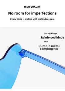 Close-up of reinforced metal hinges on heart-shaped transparent blue sunglasses
