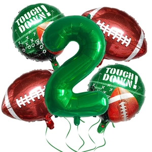 5-piece American football balloon set with green number 2 and Touch Down theme