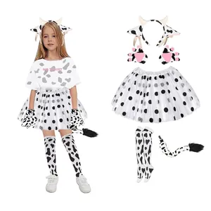 Detailed cow cosplay set with spotted skirt, headband, gloves, tail, and stockings