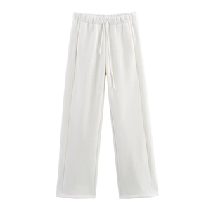 Women's white high-waisted wide-leg sweatpants with adjustable drawstring and elastic waistband