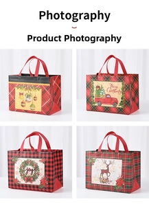 Detailed view of four plaid Christmas non-woven gift bags with reindeer and truck patterns