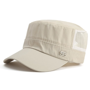 Breathable khaki flat top military cap with mesh panels and 95 metal logo for summer