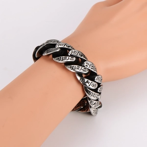 Retro stainless steel cuban link bracelet with engraved totem patterns for men