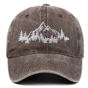 Washed dark coffee cotton baseball cap with white mountain and forest embroidery