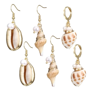 Natural Conch Shell Artificial Pearl Dangle Earrings Nautical Beach Summer Bohemian Jewelry For Women Copper Earring Post