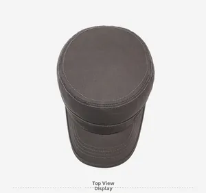 Overhead view showing fine stitching details on a charcoal grey flat top army style cap