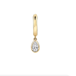 Macro shot of gold teardrop earrings with pear-cut white zircon and bezel setting
