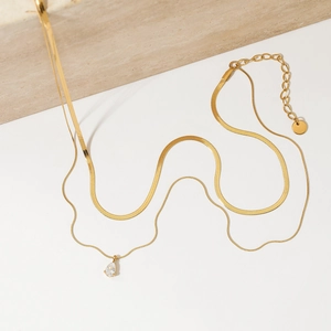 Minimalist Layered Stainless Steel Necklace With Water Drop Cubic Zirconia Pendant Herringbone Snake Chain For Women