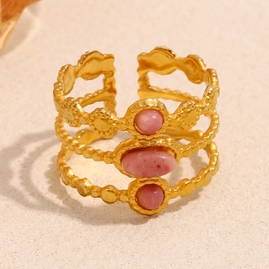 Vintage 18K gold plated stainless steel triple-layer ring with pink natural stones