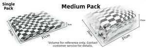 Close-up of checkered knit tote bag packaging dimensions and protected storage