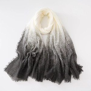 Gradient black and white cotton linen scarf with pleated texture and fringed edges