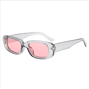 Retro rectangular sunglasses with transparent grey frame and pink lenses for fashion wear