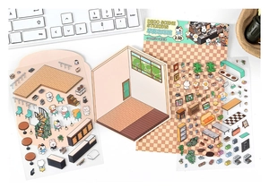 Detailed 2.5D DIY coffee shop sticker kit with 3D miniature furniture and cute pets