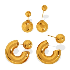 Minimalist gold-plated stainless steel spherical stud and thick C-hoop earring set