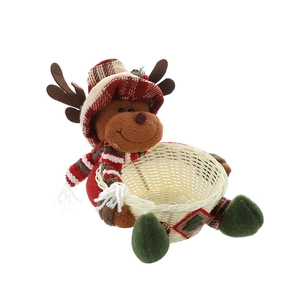 Christmas reindeer woven gift basket with plush holiday doll for candy and apple storage
