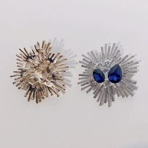 Detailed front and back view of sunflower brooch with blue gems and crystal rhinestones